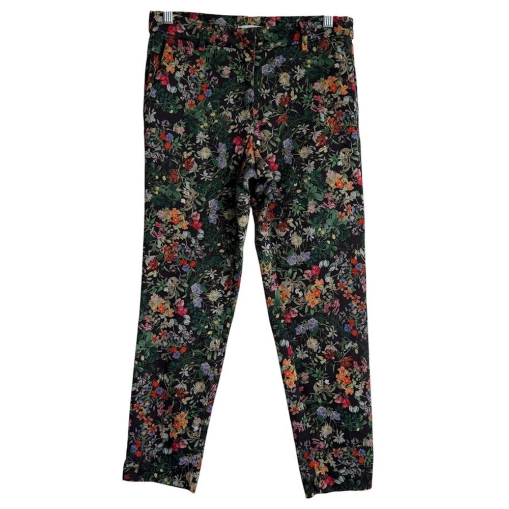 H&M Black Floral Botanical Tapered Cigarette Slacks Ankle Pants Stretch Size 6